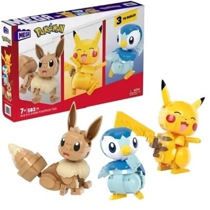 MEGA Construx: Build & Show Trio (Pikachu Eevee & Piplup) 4" Poseable Figures- 583 Piece Model Building Kit By Mattel