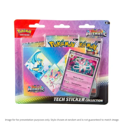 Pokemon TCG: Scarlet & Violet - Prismatic Evolutions Tech Sticker Collection Box - 3 Booster Packs & Vinyl Tech Sticker Sheet